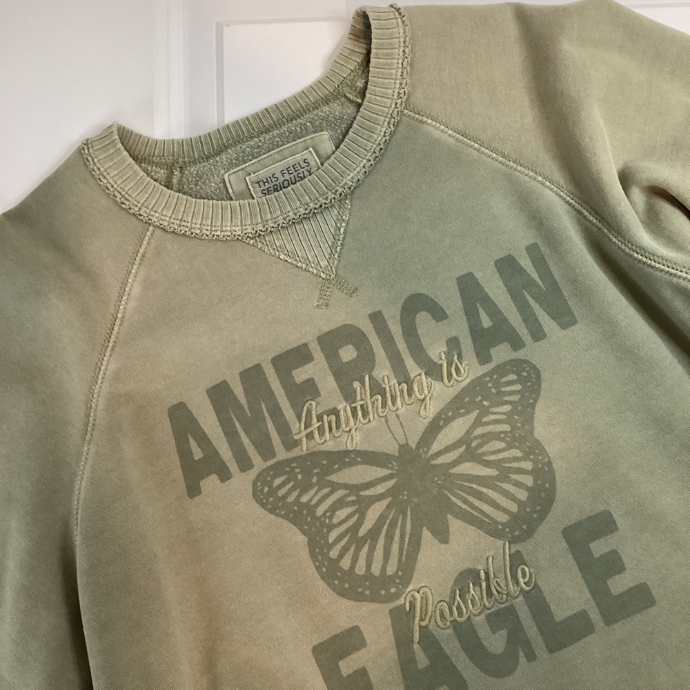 American Eagle Seriously Lived-In Butterfly Sweatshirt Green Pullover Med 167